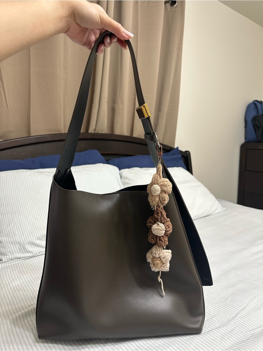 Charles & Keith Dark Moss Edna Tote with Pom Charm